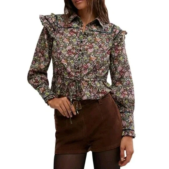 Free People Blouse Sz L Floral Multicolor Long Sleeve Peplum NWT - Picture 14 of 16